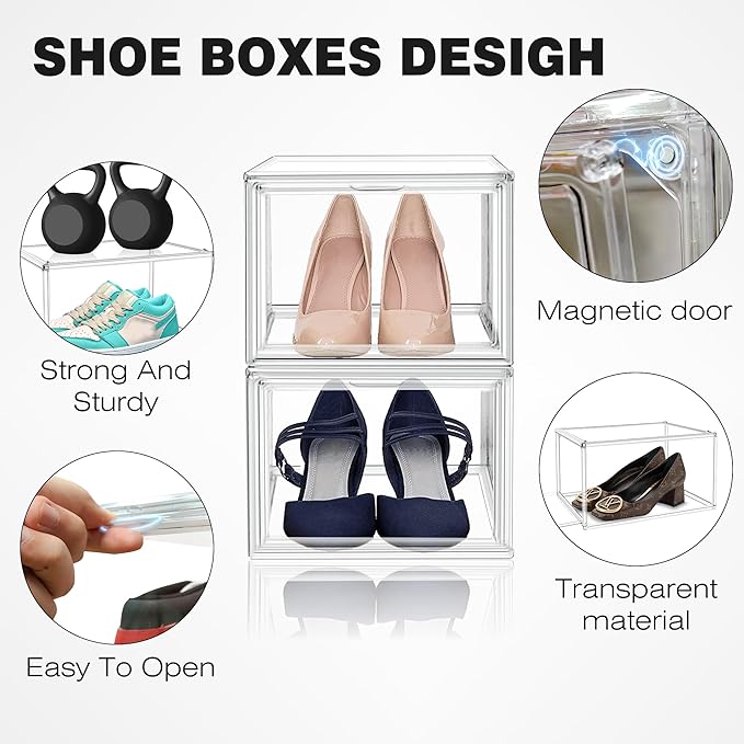 EDS FAM 1 Pack Drop Front Acrylic Shoe Boxes with Magnetic Door Fit US Size 12, Clear Stackable Shoe Organizer for Closet, Entryway, Underbed, Multiple Display Cases for Hats, Figures, Sneakers
