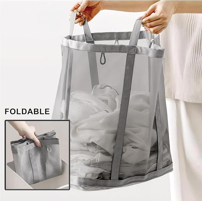 Mesh Bag with Handles, Collapsible Laundry Basket, Foldable Laundry Bag, Breathable Folding Beach Bag,Space-saving Travel Tote Bags (2, Black)