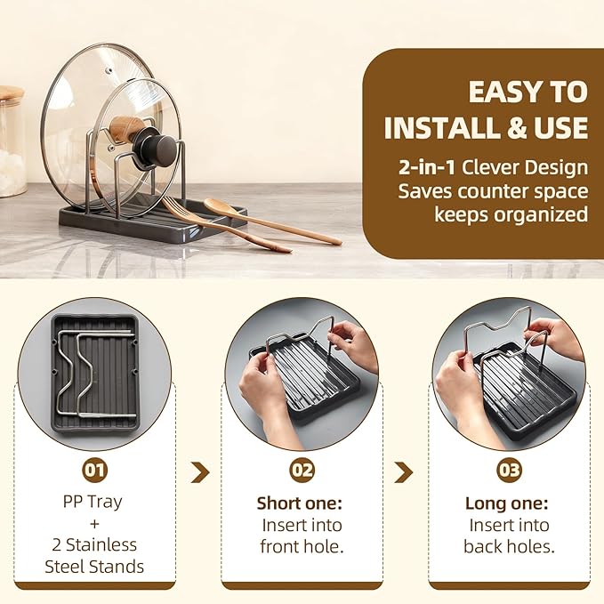 2 in 1 Pot Lid Holder & Spoon Rest for Kitchen Counter, Plastic Utensil Rest with Stainless Steel Pan Lid Holder Organizer While Cooking, Countertop Space Saving Pot Cover Rack | Easy to Clean