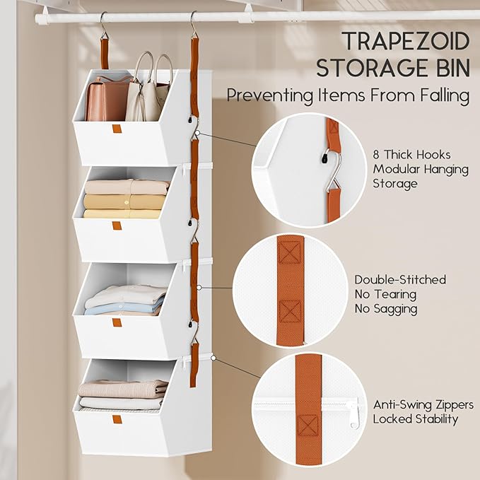 Hanging Closet Organizer 4 Tier - Clothes Hanging Shelves, Space-Saving Closet System, Fabric Storage Bins Bedroom Organization, Collapsible Baskets for Home, Dorm, Rv, White, 8 Pack
