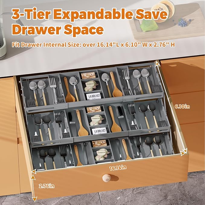 3 Tier Drawer Organizer - Expandable Junk Drawer Organizers Smart Office Supply Organizer, Folding Drawer Storage Multi-level Desk Organizer for Makeup,Jewelry,Cosmetics,Kitchen Storage (1 Row 3 Tier)