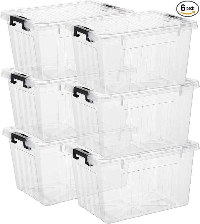 Lidded Storage Bin, Stackable Plastic Storage Box with Snap Lock Lid, Clear, 18 Quart, Pack of 6