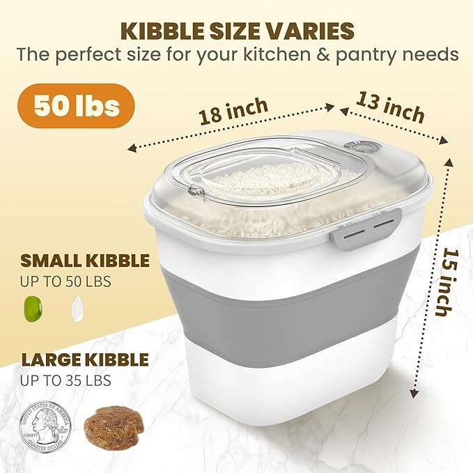 20-50Lbs Rice Container,Collapsible Food Storage Containers with Clear Airtight Lid,Wheels,Date Track,Rice Storage Container with 2PCS Containers and Scoop,Rice Dispenser for Flour Sugar Grain Dog Cat