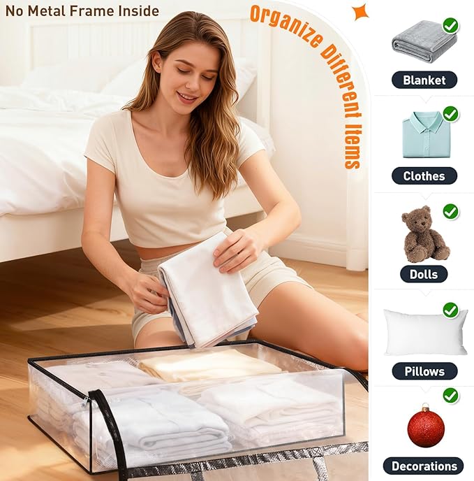 Clear Under Bed Storage Containers - 4 Pack Large Capacity Clothes Storage Bags with Lid & Sturdy Handles, Foldable Moving Bags, Clothing Organizer Totes for Bedding, Comforter, Sheet(60 L)