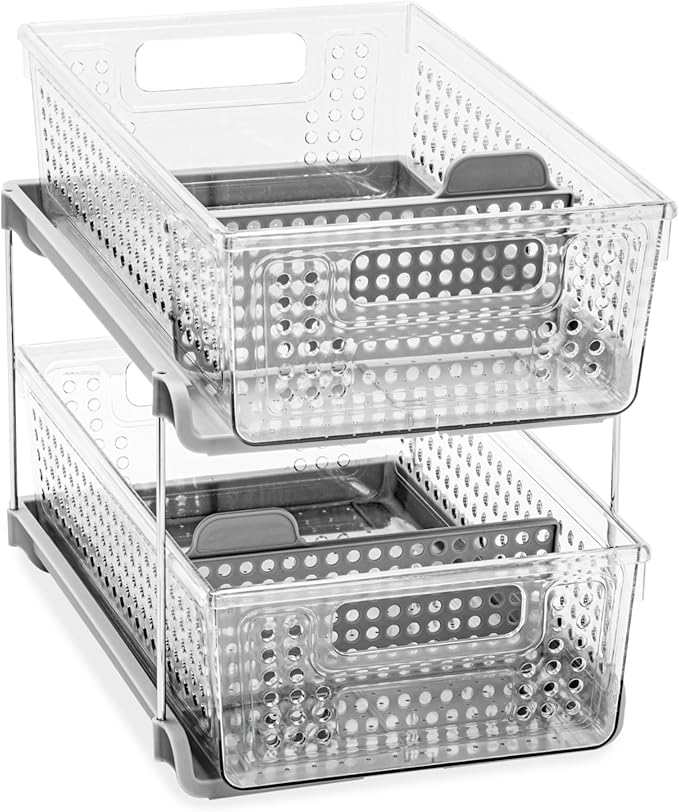 madesmart 2 Tier Organizer, Under Cabinet Storage with Pull Out Sliding Drawers, for Cleaning Supplies, Undersink, Sponges, Bottles & Bath, Adjustable Dividers & Pull Out Baskets, Grey