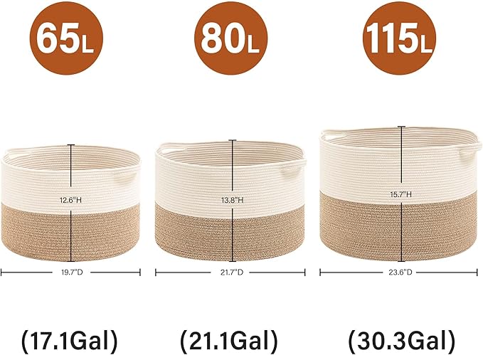 Foldable Laundry Hamper Basket with Collapsible Handle Cotton Rope Soft Woven Fabric Storage Organizer Clothes Toys Nursery Bedroom Dorm Space Saving Bin (White & Brown, 80L(21.7"D x 13.8"H))