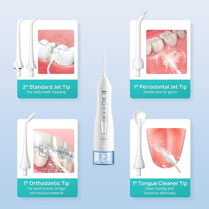 COSLUS Water Dental Flosser Teeth Pick C20(F5020E): Portable Cordless Oral Irrigator 300ML Rechargeable Travel Irrigation Cleaner IPX7 Waterproof Electric Flossing Machine for Teeth Cleaning, White