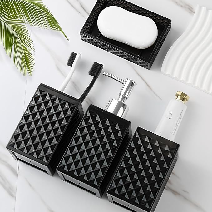 Black Bathroom Accessories Set, 4 Pack Matte Black Bath Accessory Sets Complete, Acrylic Soap Dispenser and Toothbrush Holder Set for Bathroom Counter Sink, Modern Bathroom Decor