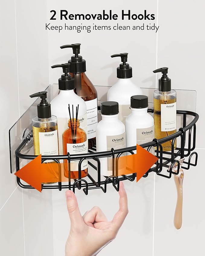Orimade Corner Shower Caddy with 2 Hooks Wall Mounted Metal Bathroom Shelf Storage Organizer Adhesive No Drilling 2 Pack, Black Only for 90-Degree Corner