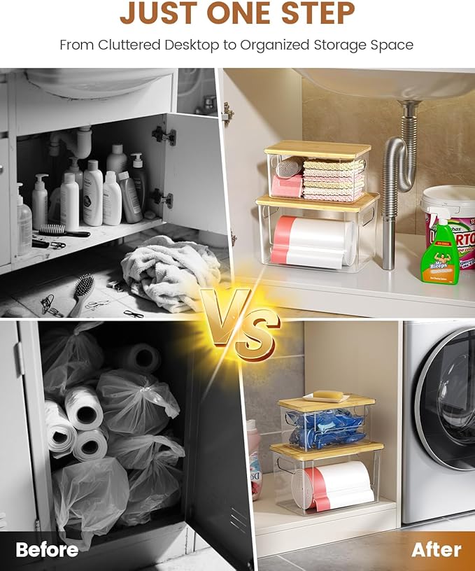 Trash Bag Dispenser 2-Pack, Stackable Trash Bag Holder with Bamboo Lid – Clear Plastic Garbage Bag Organizer for 13/30/33 Gal Bags, Space-Saving Under Sink Organizer for Kitchen, Laundry, Pantry