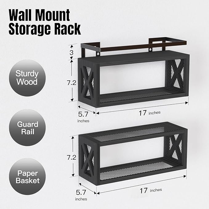 RICHER HOUSE Floating Shelves with Guardrail, Rustic Wood for Wall Décor, Farmhouse Bathroom Accessories Mounted, Organizer over Toilet Storage, Kitchen, Living Room - Black