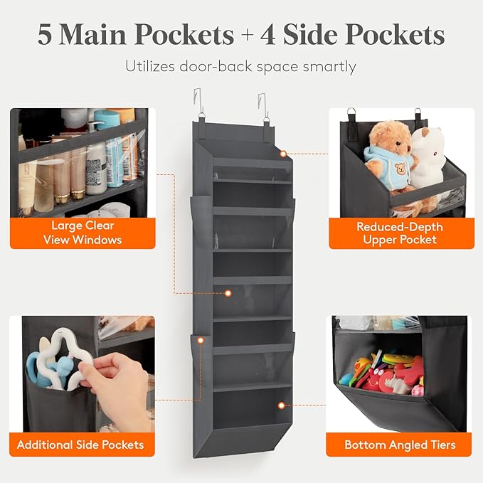 Lifewit 1 Pack Over the Door Organizer, Clear Window Hanging Storage with 4 Mesh Side Pockets, Anti Tilt 40 lbs Load Behind Door for Pantry, Nursery, Bathroom, Bedroom, Dorm, 5 Section, Gray