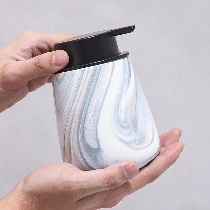 12Oz Foaming Hand Soap Dispenser - Ceramic Bathroom Foam Soap Dispenser with Easy-to-Press Black Pump, Refillable Lotion Hand Dispenser, Dish Soap Dispensers for Kitchen, Marble Blue