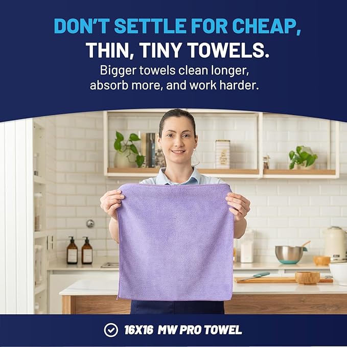 MW PRO Microfiber Cleaning Cloths Purple (12 Pack, 12x12) - Commercial Janitorial Towels & Lint Free Rags - Heavy Duty for Auto Detailing, Glass Windows, Housekeeping & Screens - Washable 300+ Times