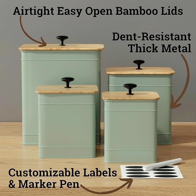 Kitchen Canisters for Countertop Set of 4 with Customizable Chalkboard Labels & Marker Pen - Big Iron Kitchen Canisters with Airtight Lids - Sage Green Canister Set - Flour and Sugar Containers