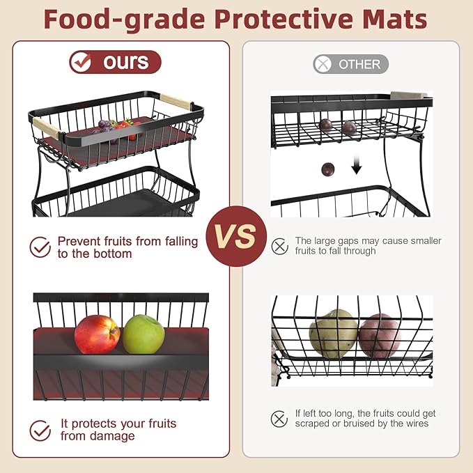 2 Tier Large Fruit Basket for Kitchen Counter with 2 Mobile Banana Hangers, 2026 Pro Detachable Metal Fruit Bowl with Wooden Handle (Brown, 3 Tier)