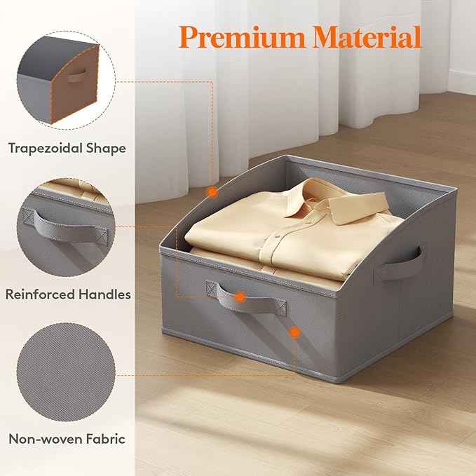 Lifewit Trapezoid Closet Storage Bins for Shelf, 6 Packs Non-woven Closet Organizer Baskets with Handles, Foldable Clothes Containers Boxes for Clothing, Book, Purse, 16L, Medium, Gray