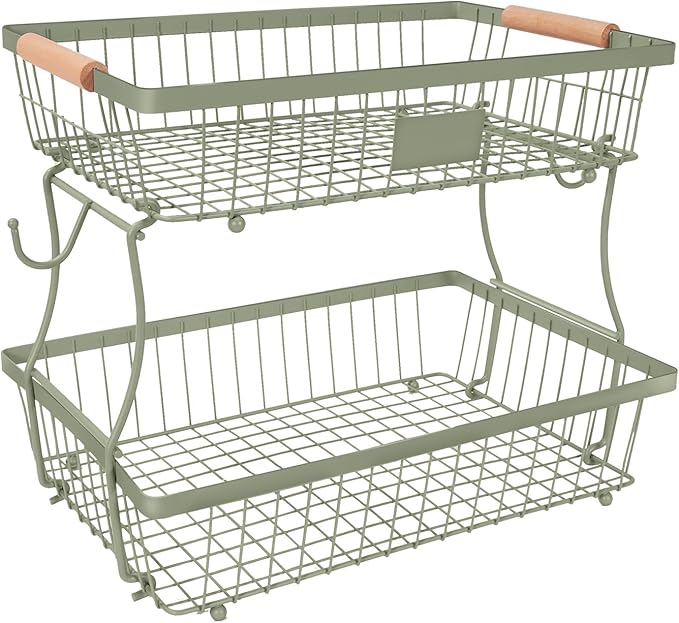 Fruit Basket Bowl 2 Tier Detachable with 2 Banana Hangers, Fruit Stand Holder for Kitchen Countertop, Metal Wire Vegetable Storage Organizer, for Bread Snack Veggies Produce,green