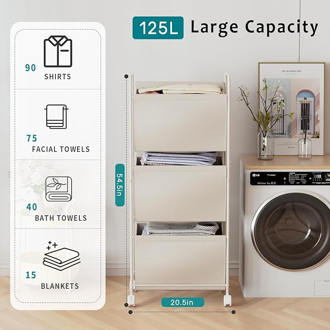 125L Vertical Laundry Hamper with Wheels, 3 Section Large Rolling Laundry Sorter with Detachable Inners, Metal Clothes Hamper Laundry Baskets Organizer for Bathroom, Bedroom, Dorm (Beige)