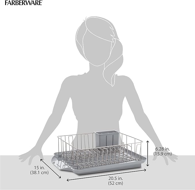 Farberware 3-Piece Large Capacity Dish Drying Rack Set with Drainboard and Utensil Holder, Rust-Resistant Kitchen Counter Dish Drainer