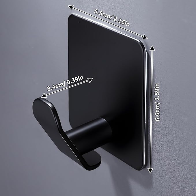 DELITON 4 Pack Adhesive Hooks - Towel Hook for Hanging Towels, Clothes and Bags, Matte Black Stainless Steel, Stick on Wall for Bathroom and Kitchen