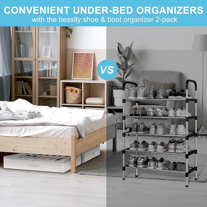 Under Bed Shoe Storage Organizer for Closet, Fits 32 Pairs Underbed Shoes Box Storage Containers Under the Bed Storage Foldable with Sturdy Handles&Clear Window for College Dorms Beige, Set of 2