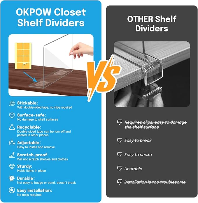 OKPOW Shelf Dividers Closet Organizer - 12" Tall X 11.8" Deep Acrylic Clear Sturdy Separate for Clothes Purse - Adjustable Space Saver Easy Install for Home Organization Enthusiasts 4 Pack