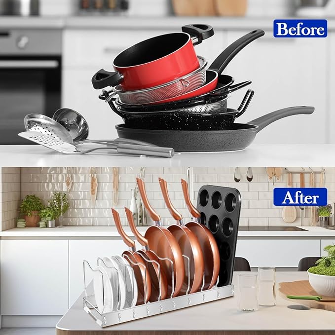 2Pack Lid Organizer Pot Lid Organizer Detachable and Adjustable Pots and Pans Organizer for Kitchen Cabinet Storage for Pots and Pans, Cutting Boards, Cooking Utensils