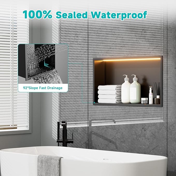 TSIBOMU Stainless Steel 12"x24" LED Lights Shower Niche - No Tile Needed Recessed Wall Niche Waterproof for Walk in Shower Bathroom Storage, Matte Black