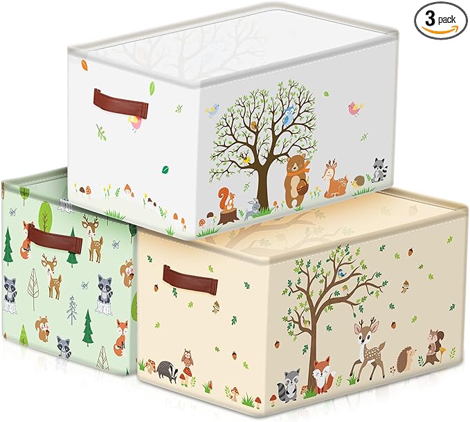 Boao 3 Pack Woodland Animals Storage Baskets for Gifts, Collapsible Large Forest Animals Storage Bins Bear Fox Raccoon Tree Foldable Empty Canvas Laundry Basket with Handle for Nursery Home Bedroom