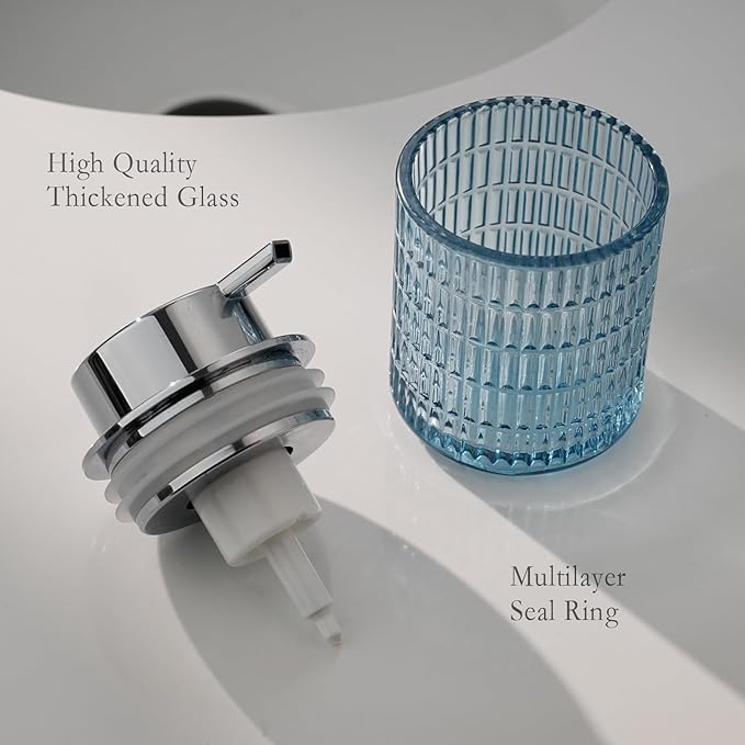 Glass Foam Soap or Lotion Dispenser, Refillable Liquid Dispenser with Large Silver Pump (Striped Pattern-Blue)