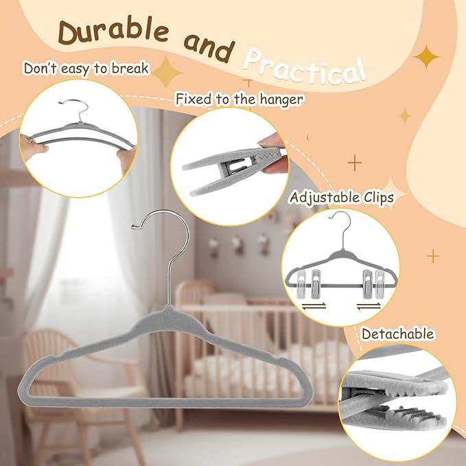Soaoo 50 Pack Premium Baby Velvet Hangers with Adjustable 100 Clips, Non Slip 11 Inch Slim Kids Closet Organizer for Pants, Dresses & Matching Outfits, Nursery & Toddler Wardrobe (Grey)