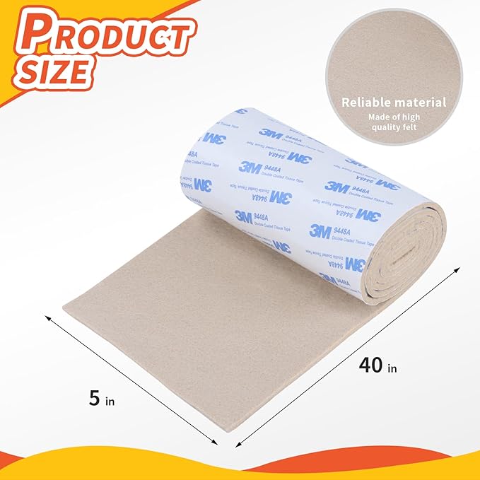 Felt Furniture Pads, Non Slip Self Adhesive Cuttable Felt Tape White Heavy Duty Felts Strip Roll for Protecting Hardwood Floors Chair Wall Protector (40 x 5 x 0.12 Inch)