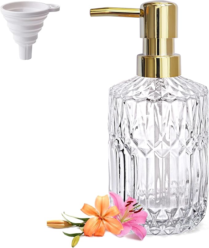 Glass Soap Dispenser with Rust Proof Pump, 13.5 Oz Clear Refillable Hand Lotion Dispenser for Bathroom Countertop and Kitchen, Crystal Vintage Bathroom Accessories, Bathroom Decor