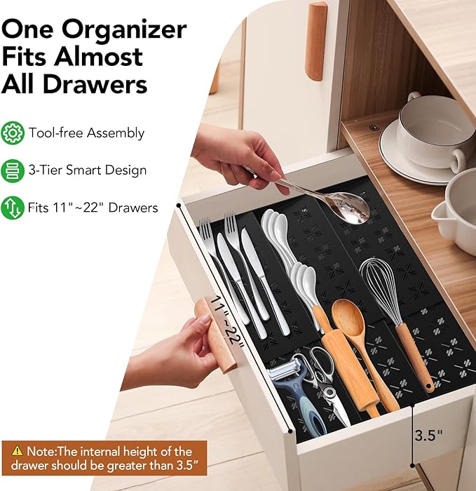 2-Pack Expandable Spice Drawer Organizer (11"-22"), 3-Tier Angled Seasoning Rack for Kitchen, Sturdy Vented Insert with Labels & Funnel, Fits Standard & Biger Spice Jars (Jars Not Included) BK