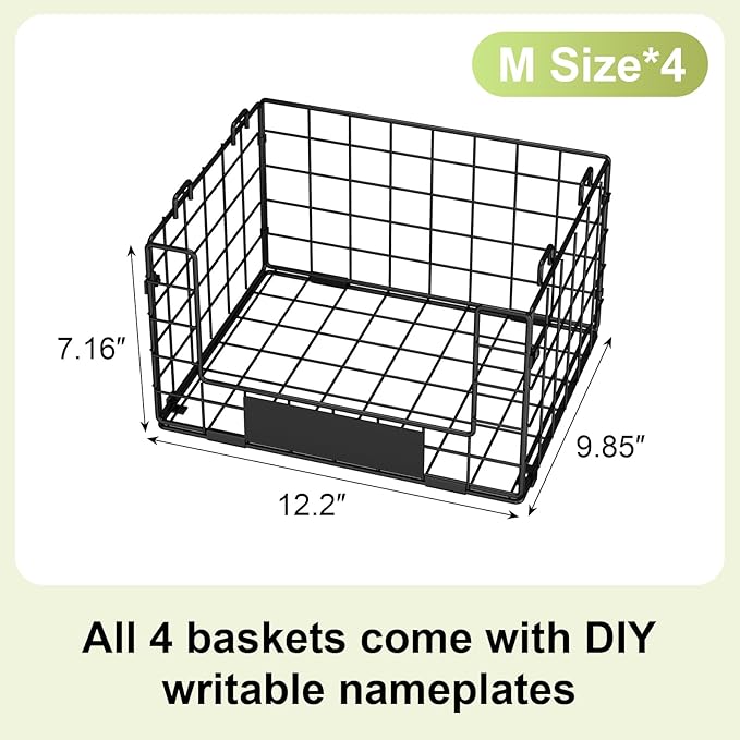 JKsmart Pantry Organizers and Storage, 4 Pack XL Stackable Wire Baskets with NamePlates, Metal Storage Bins for Snack Can Fruit Vegetable Spice