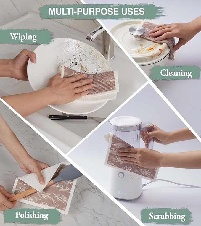 10 PCS Leaf Print Swedish Dishcloths for Kitchen 100% Biodegradable Reusable Cellulose Sponge Cloths Ultra Absorbent, Eco-Friendly Cleaning Towels Dishcloths for Washing Dishes & General Cleaning