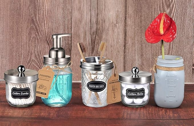 Amolliar Mason Jar Foaming Soap Dispenser, Plastic Soap Pump, Refillable Hand Soap Dispenser for Kitchen, Cute Farmhouse Decor, Dish Soap, Shampoo, Bathroom Soap Accessories, Brushed Nickel 2 Pack