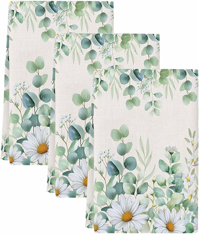 Kitchen Towels Set of 3, Green Eucalyptus Leaves Soft Microfiber Dish Towels, Daisy Summer Botanical Watercolor Absorbent Washable Dishcloths for Kitchen Cleaning, Drying Dishes, 18x28 Inches