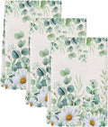 Kitchen Towels Set of 3, Green Eucalyptus Leaves Soft Microfiber Dish Towels, Daisy Summer Botanical Watercolor Absorbent Washable Dishcloths for Kitchen Cleaning, Drying Dishes, 18x28 Inches