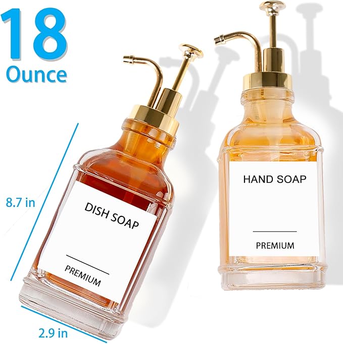 Dish Soap Dispenser for Kitchen, Hand Glass Soap Dispenser Set with Pump, Funnel for Bathroom, Shower, Laundry, Liquid, Lotion (Gold 2 Pack 18 Oz Clear Bottles with 12 Stickers)