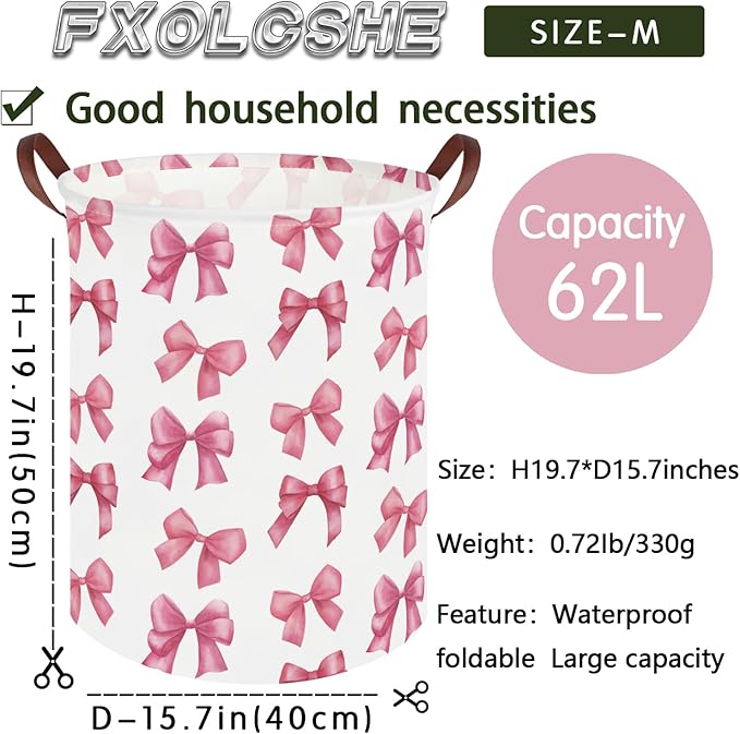 Bow laundry basket for girls,Nursery Hamper,Pink Laundry Hamper,Waterproof collapsible canvas laundry basket for girls,Pink Girls Laundry Basket,Living Room Decor(Bowknot)