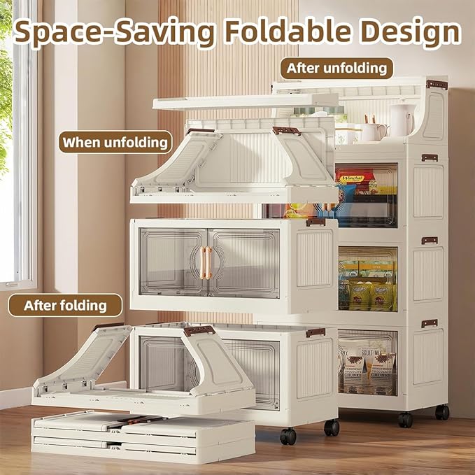 217QT Stackable Storage Bins with Lids & Rack, 5 Tier Large Capacity Foldable Storage Cabinet, Clear Collapsible Pantry Organizer for Home, Kitchen, Bathroom, Dorm, Office