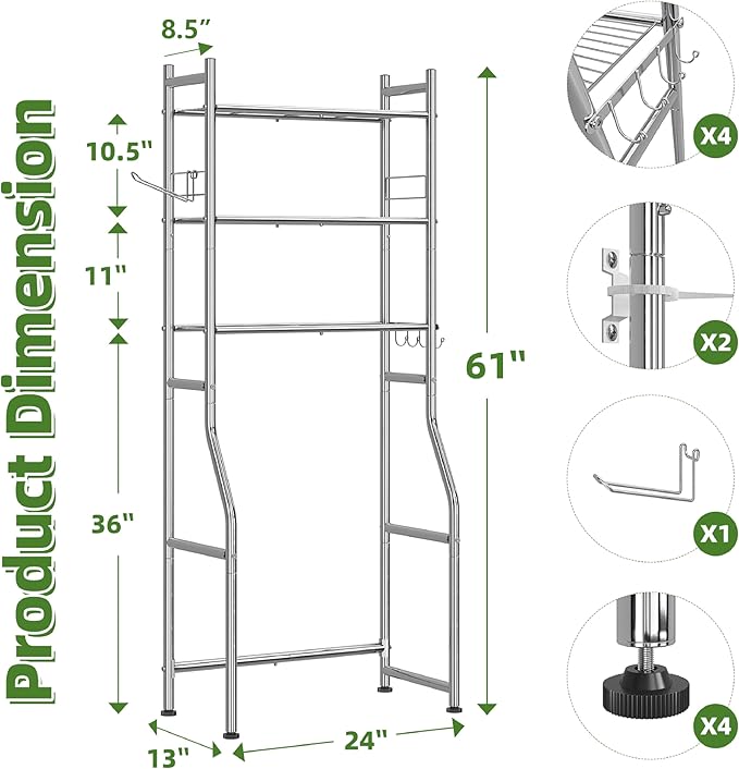 Simple Trending 3 Tier Over The Toilet Rack, Bathroom Shelves with 4 Hooks and Paper Holder, Bathroom Stand Organizer Space Saver, Chrome