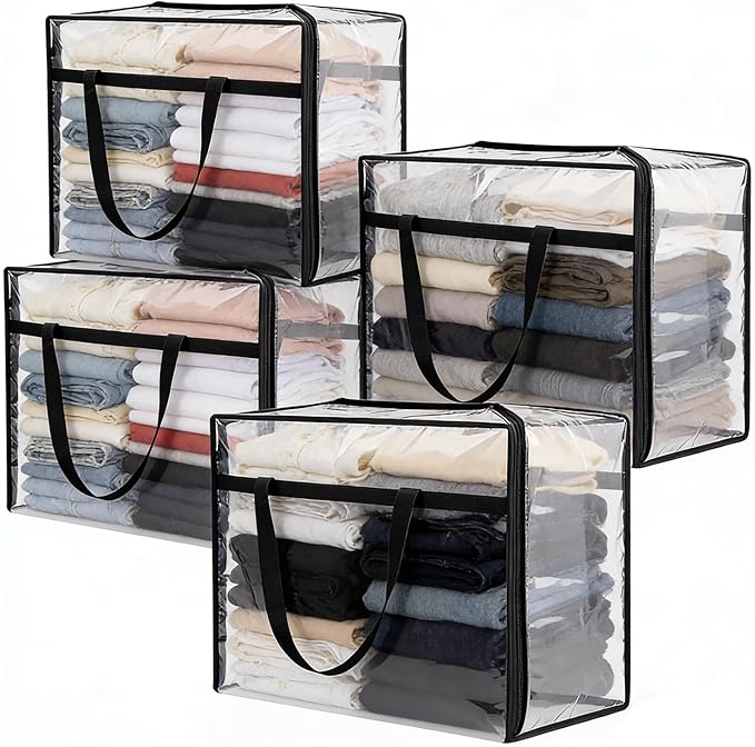 40L Clear Storage Bags Plastic Blanket Storage Bag Foldable Moving Organizers Containers with Zipper for Bedding Blanket Clothes Under Bed Holder - 4 Pcs