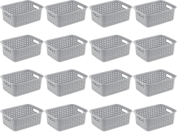 Sterilite 11 Inch Small Weave Open Bin Wicker Storage Basket Home Organizer Tote for Countertops, Bookshelves, and Closets, Cement, 16-Pack