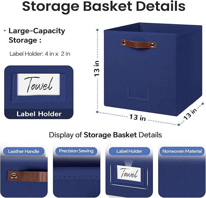 6-Pack Storage Cubes with Handles & Label Holders Basket, Closet Cube Home Organizer Bins(Blue, 13 x 13 x 13 inch)