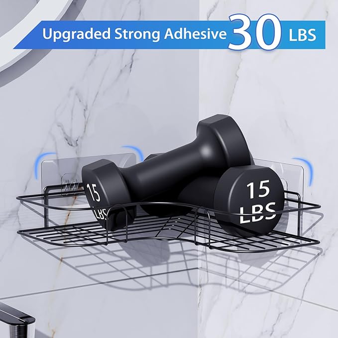 Moonlit Pond Corner Shower Caddy, 2 Pack Adhesive Shower Corner Organizer Shelves, No Drilling Stainless Steel Shower Storage Rack for Bathroom, Dorm and Kitchen, Black