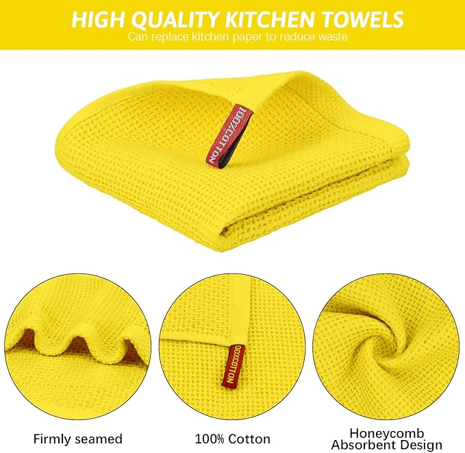 Nialnant 4 Pack Yellow Kitchen Dish Towels, 100% Cotton Waffle Weave Kitchen Dish Cloths for Washing Dishes, Soft Absorbent Dish Rags, Quick Drying Cleaning Rags - 12x12 in