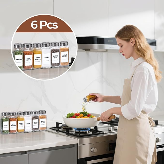 ComSaf Spice Jars with Shaker lids Adjustable, 8oz 6PCS，9 DIY Labels, Spice Jars Trial Set & Supplement Set, Empty Ingredient Containers and Square Ingredient Bottles for Kitchen and Seasoning